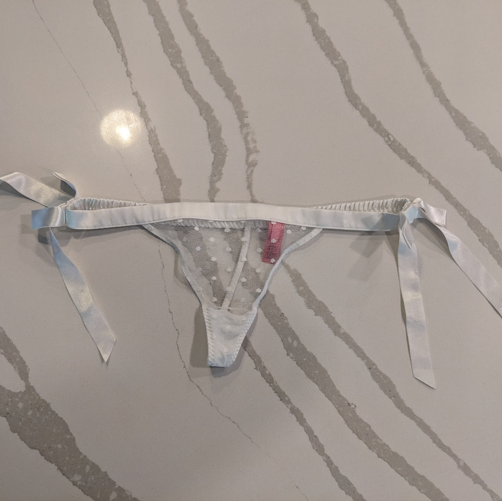 LAST CHANCE Betsey Johnson White Satin and Mesh Swiss Dot Side Tie G String